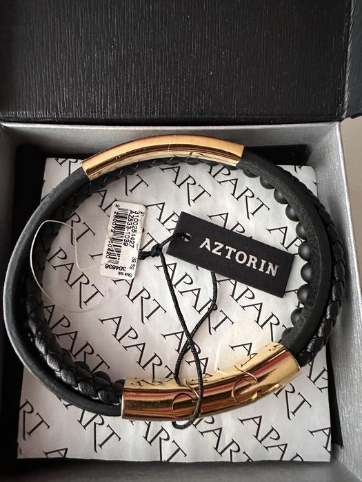 Bransoletka Aztorin ze stali szlachetnej i skóry z onyksami. Jak nowa!