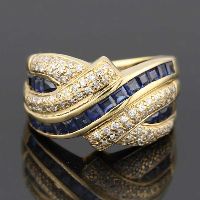 Złoty pierścionek z szafirami i diamentami 0.40ct ciężki 18K