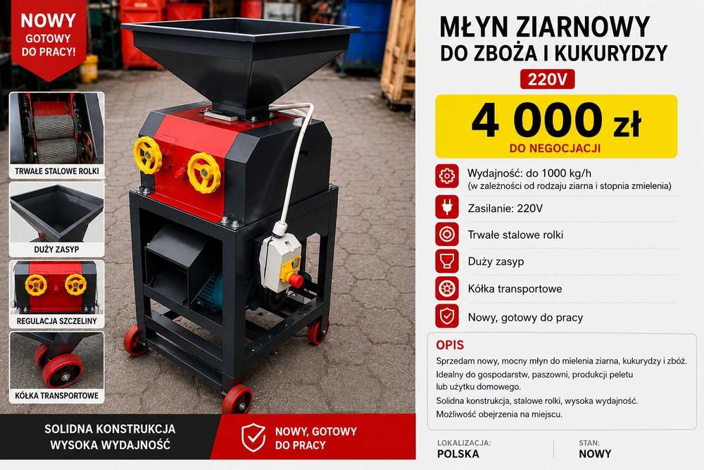 Młynek młyn śrutownik rozdrabniacz nowy  ziarnowy do zboża i kukurydzy
