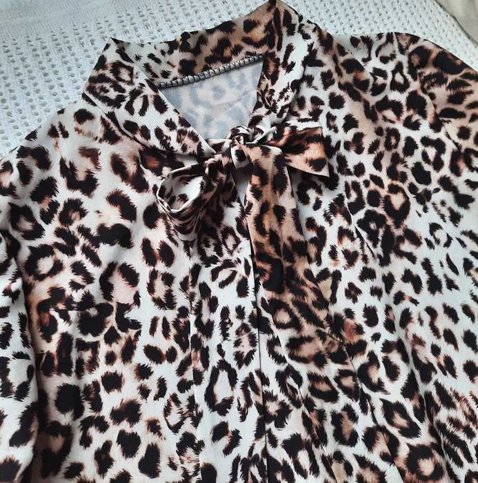Piękna nowa w panterkę leopard sukienka wiązana brąz camel beż M M/L