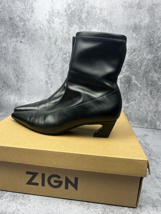 Zign Czarne Botki Skarpetkowe ze Szpiczastym Noskiem na Niskim Rzeźbionym Obcasie