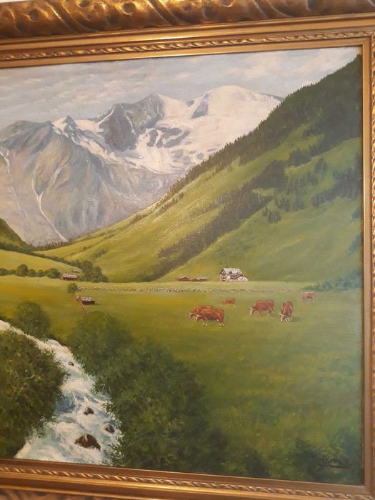 Stary obraz olejny Kurt Kottwitz pejzaż góry łąka krowy w ramie 86x116