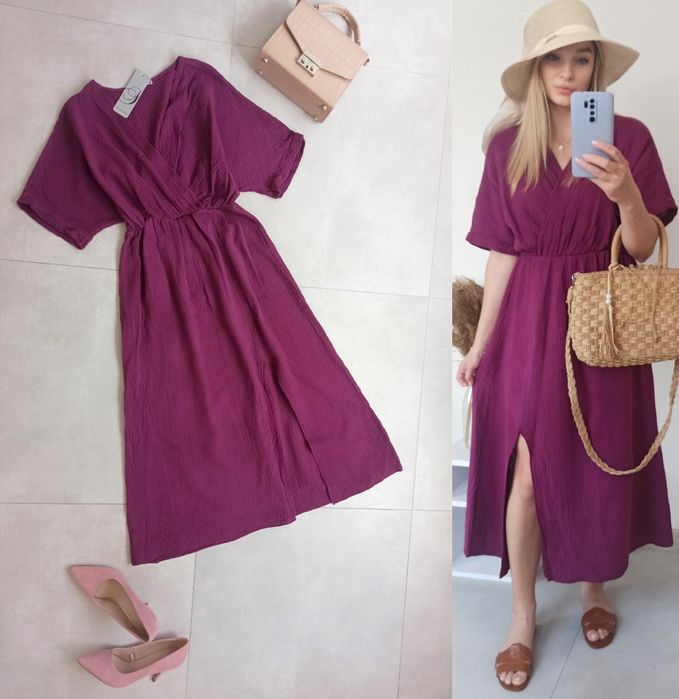 Sukienka muślinowa bawełna śliwkowa uni kopertowa midi