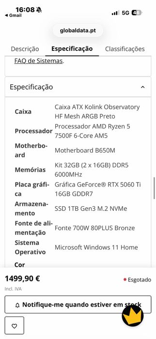 Computador Mach 2 Gamer-PC Ryzen 5 7500F 32GB DDR5 1TB RTX 5060 Ti 16GB WiFi W11