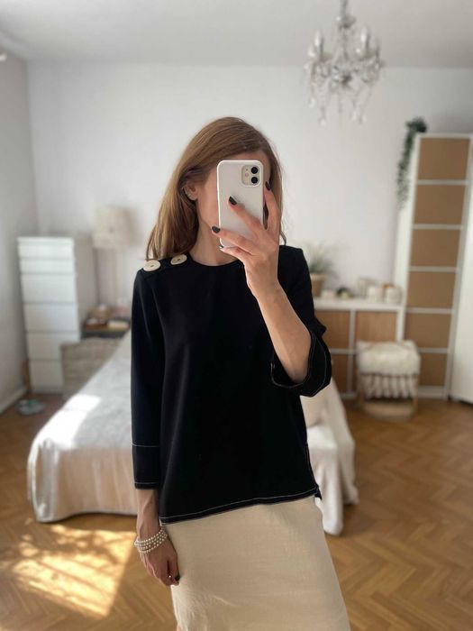 Zara bluzka czarna elegancka perłowe kremowe guziki rękaw 3/4 S 36