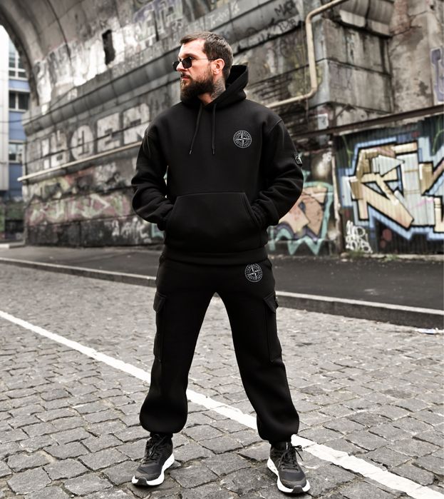 чоловічий спортивний костюм на флісі чорний/Комплект худі штани зима