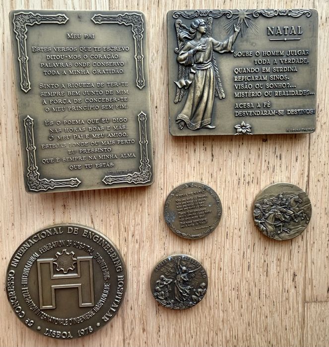 Conjunto 6 medalhas bronze de CABRAL ANTUNES. Dia do Pai, Natal, Engenharia. Peso 1000 gr