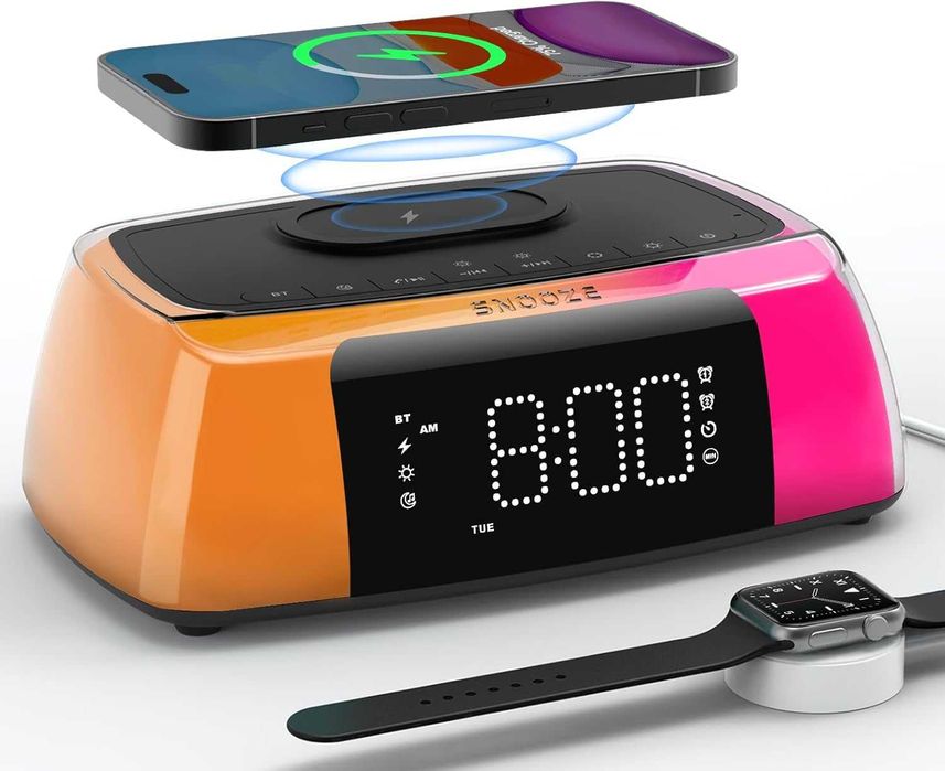 Cyfrowy budzik zegarek, ładowarka indukcyjna, głośnik Bluetooth, LED