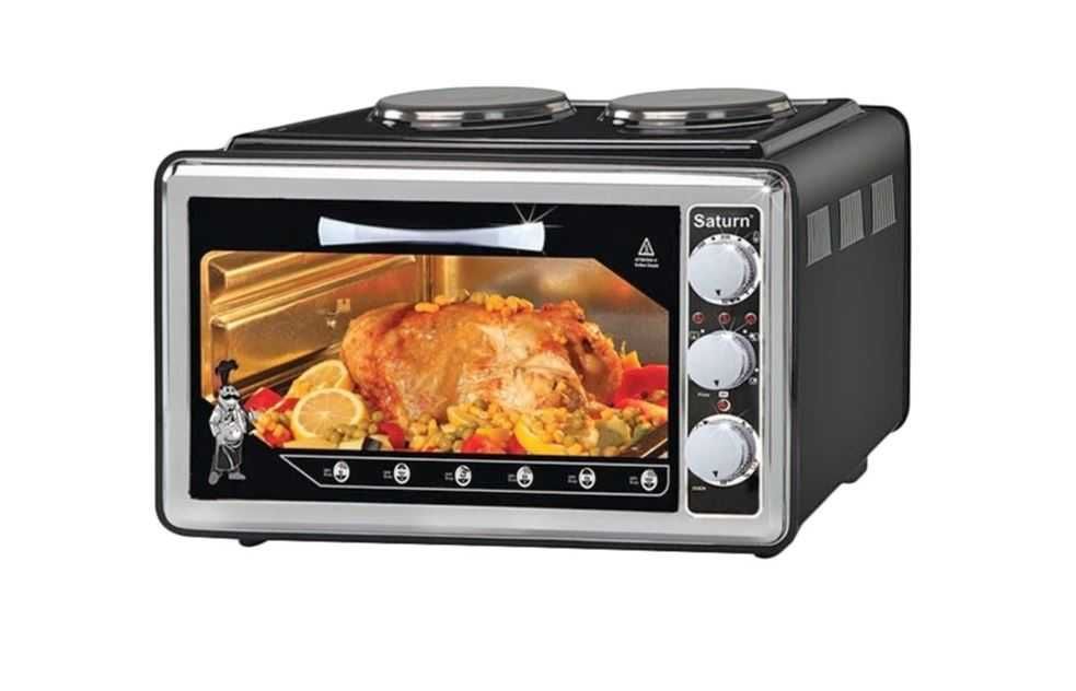 Велика 36 л електрична піч духовка з плитою Saturn STEC1072 чорна