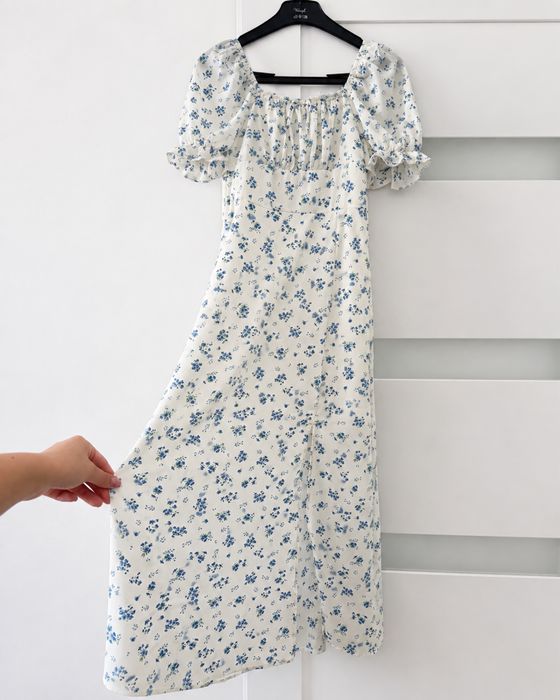 Shein | XS - sukienka midi w niebieskie kwiatki, bufiaste rękawy