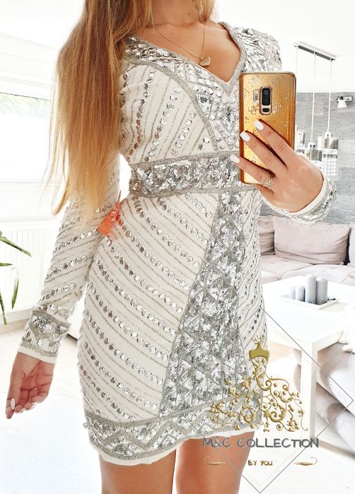 Sukienka Frock and Frill,  biała srebrna cekiny zdobiona, mini M