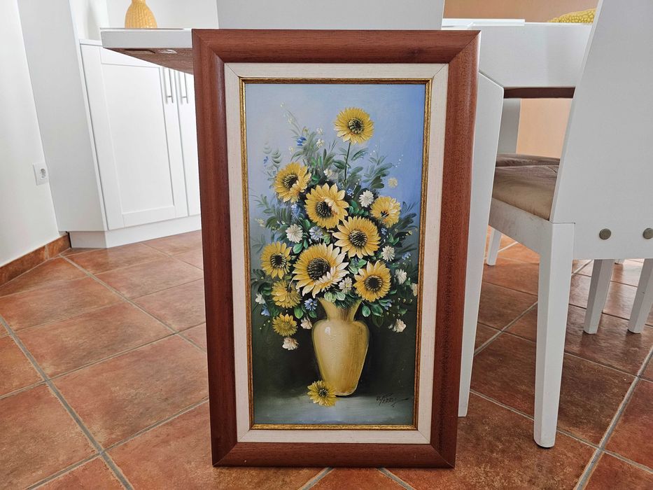 Quadro Óleo sobre Tela Assinado – Vaso de Girassóis (75x45 cm)