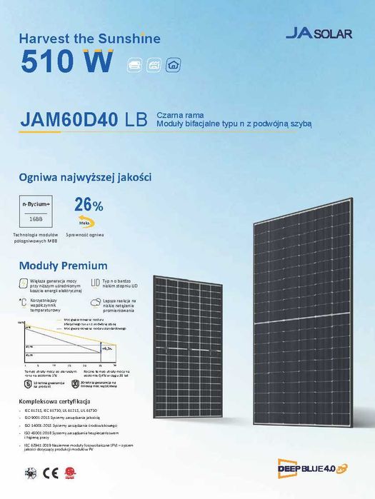 Panel fotowoltaiczny JA SOLAR JAM60D40-510/LB n-type 510W bifacial czarna rama
