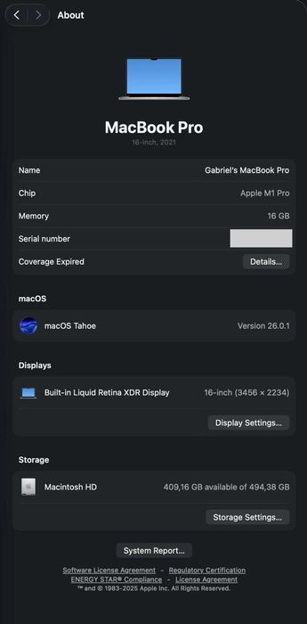 MacBook Pro 16" (2021) M1 Pro, 16GB RAM, 512GB SSD, Teclado PT