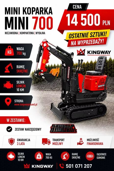 NOWA Minikoparka KINGWAY NANO 700 Ramię Skrętne LONCIN  Silnik Benzyna 13KM