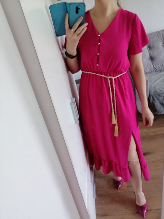 Sukienka fuksja różowa midi guziczki park rozcięcie m L uni