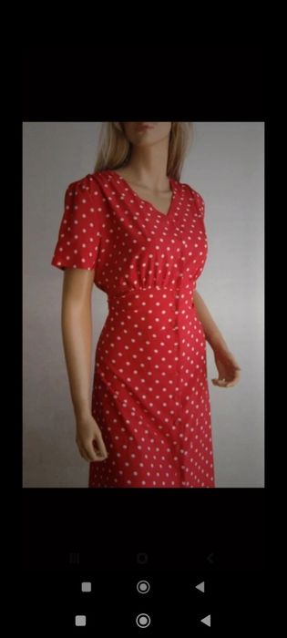 Czerwona sukienka w białe kropki 40 L 42 XL MIDI guziki pin up