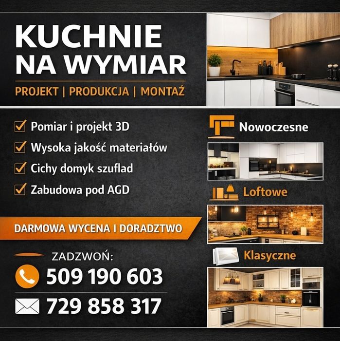 Kuchnia na wymiar Szafa Garderoba Komoda Projekt + montaż Nowoczesne