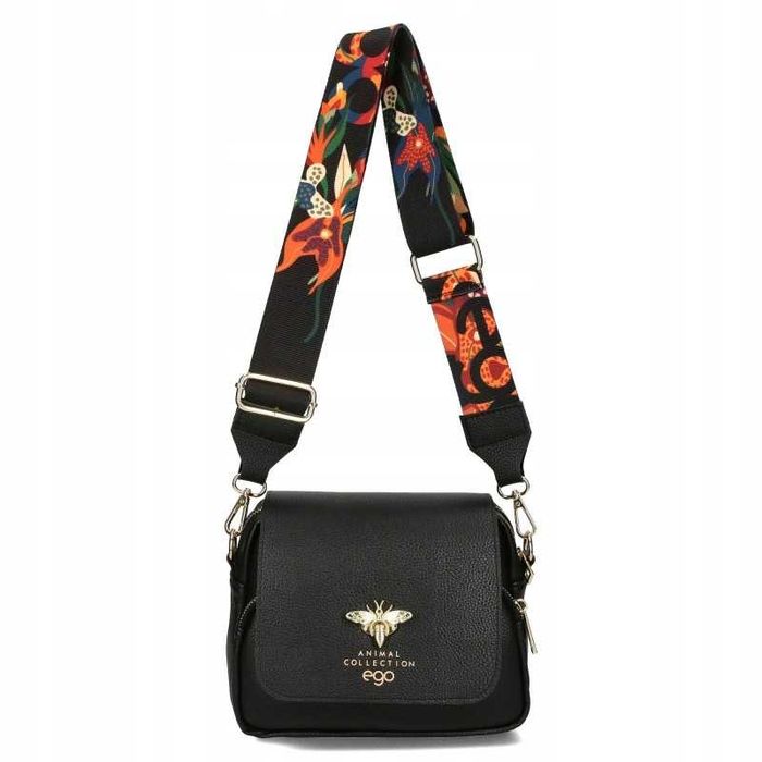 Ego Polska Torebka Damska Pszczółka Czarna Matowa Skóra Kolorowy Pasek