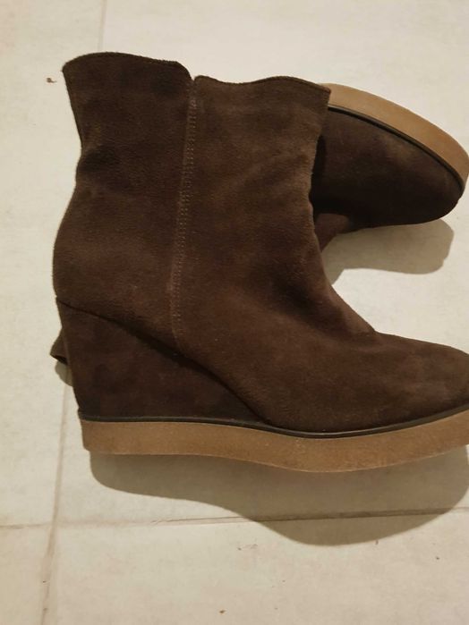 Botki damskie brązowe koturn skóra naturalna