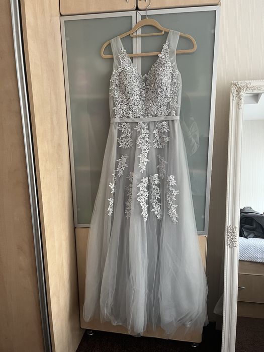 szara tiulowa długa sukienka - studniówka/ wesele/ bal S/M 36/38