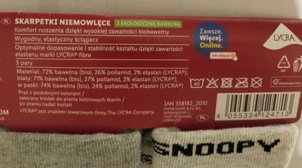 Skarpetki / Skarpety z ekologiczną bawełną 3 pary rozmiar 11-14 Snoopy
