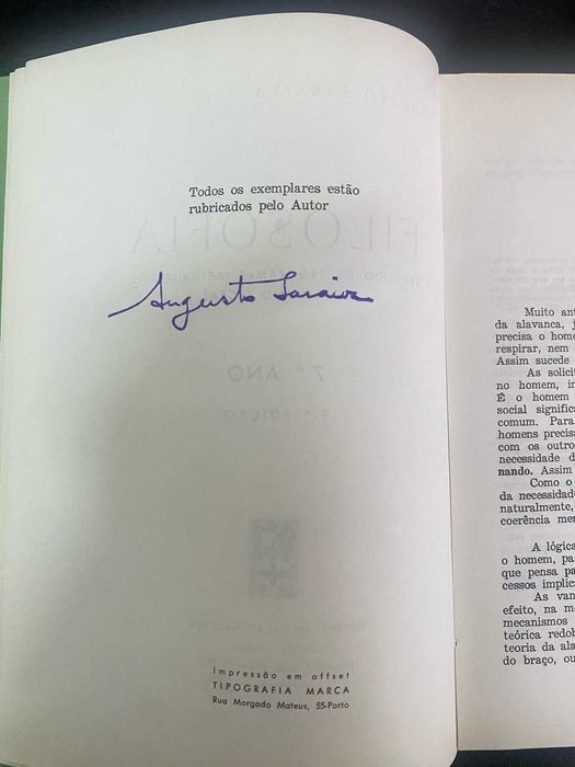 Augusto Saraiva - Filosofia 7.º Ano Liceal 9.ª Edição 1974 rubricado pelo autor