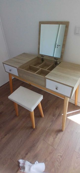 Toucador com Espelho Dobrável Mesa de Maquilhagem com Banco Compartimentos e Gavetas 100x45x118cm Madeira e Branco