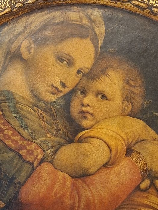 Quadro antigo arte sacra representa Maria e o menino