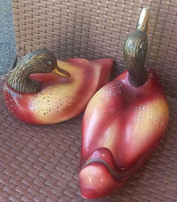 Raros casal de patos em bronze maciço pintados a mão,macho 2.750g,