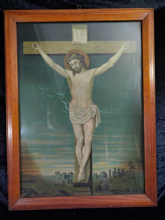 Stary duży obraz Jezus na krzyżu oleodruk OS1009