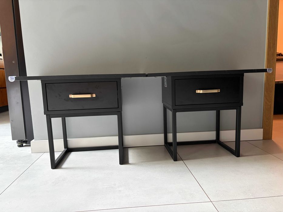 Komplet 2 szafek nocnych loft czarne – metalowy stelaż, złote uchwyty