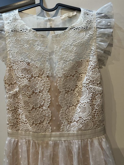 Sukienka midi beżowa kremowa tiul koronka wesele komunia S