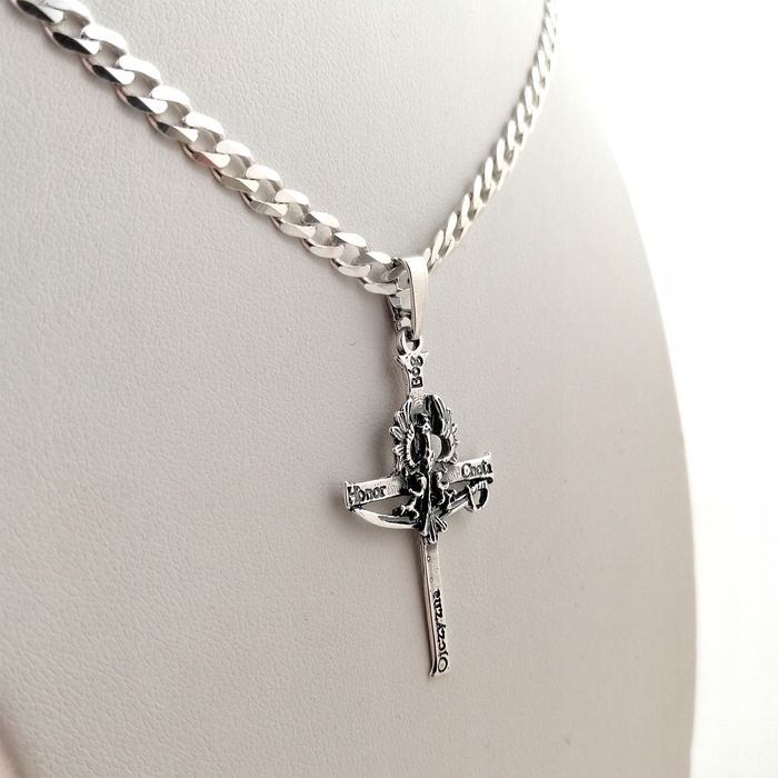 Elegancki Srebrny Łańcuszek Męski Pancerka + Krzyżyk Patriotyczny Pr.