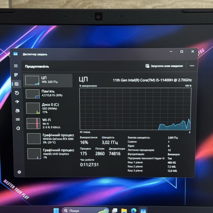 Ігровий ноутбук Acer Nitro Rtx 3060, i5 11400, 144Hz