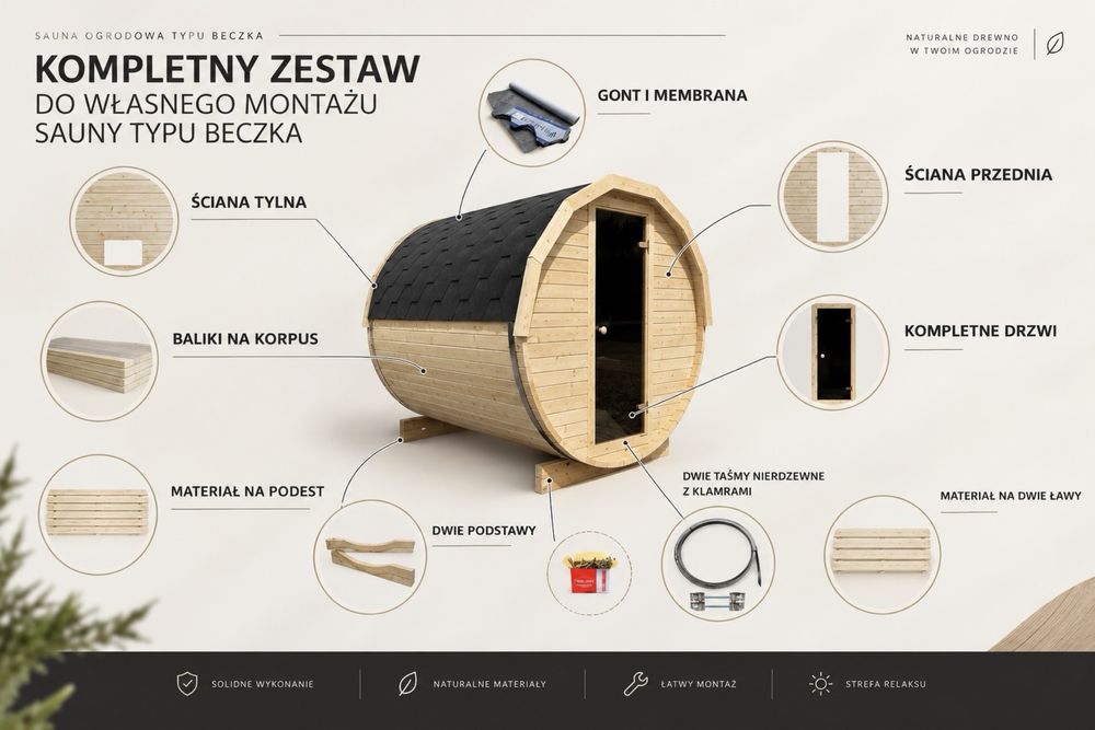 Sauna beczka ogrodowa do złożenia samodzielnego montażu drewno
