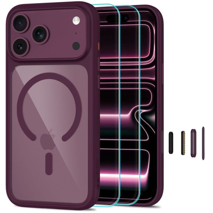 Etui TECH-PROTECT Magone MAGSAFE CC + Glass 2-pack iPhone 17 PRO / 18 PRO ciemna wiśnia / przeźroczysty