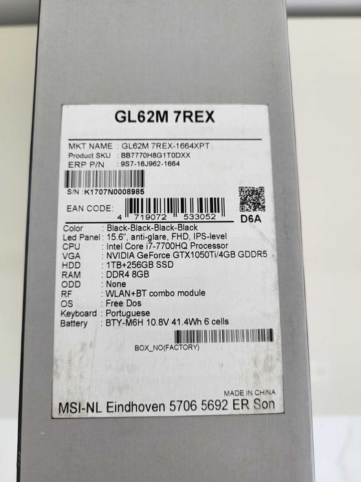 Portátil MSI i7 RAM 8GB SSD 1TB NVIDIA GeForce GTX 1050Ti/4GB