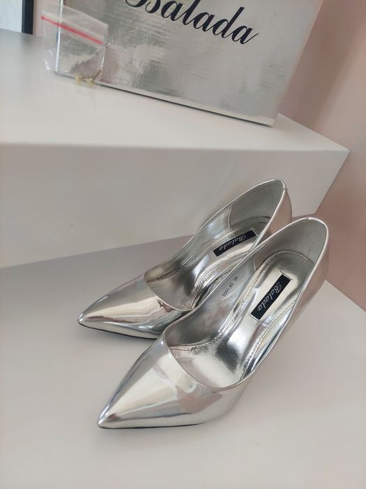 Szpilki Srebrne Silver Balada rozmiar 38 Wysoki Obcas