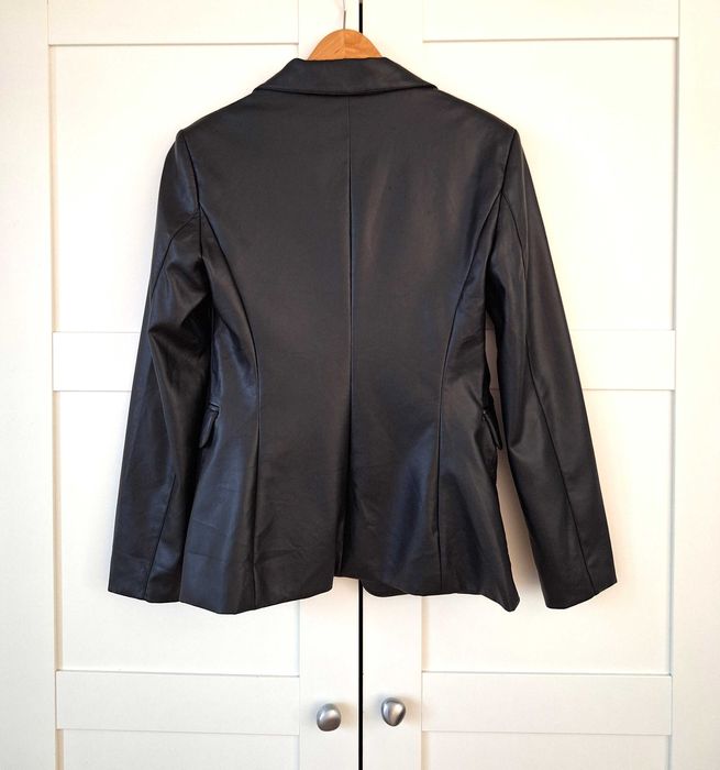 Czarna Marynarka Żakiet Blejzer Imitacja Skóry Eko Skóra Stradivarius