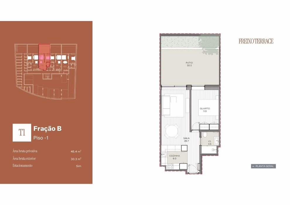 Apartamento T1 com terraço com 30 m2, Freixo