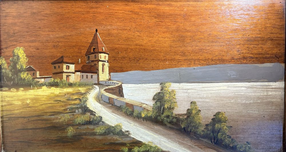 Paisagem costeira - antiga pintura em óleo sobre madeira