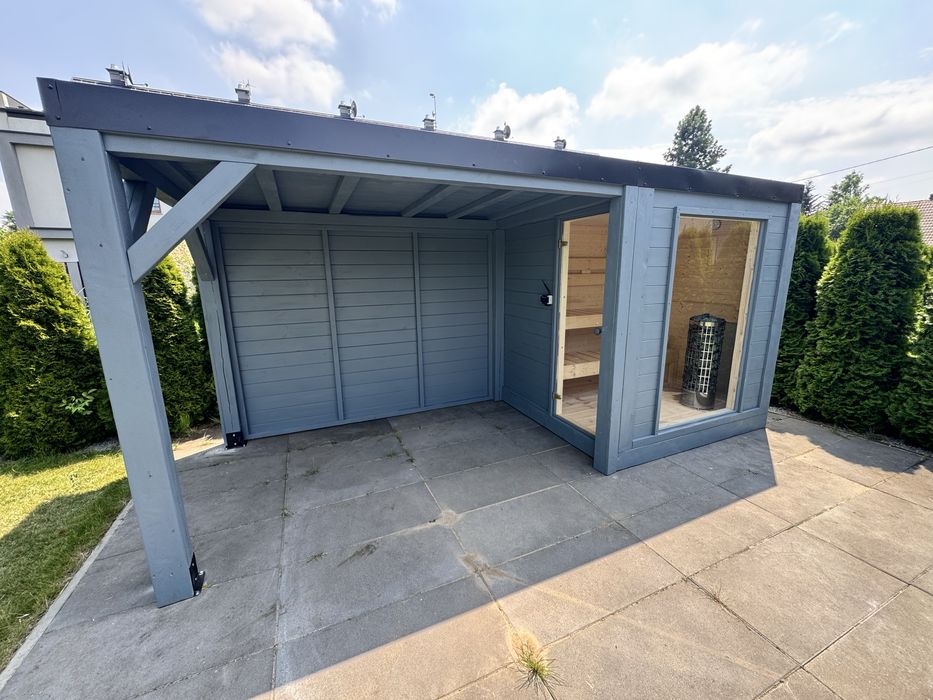Sauna ogrodowa elektryczna piec Harvia sauna z zadaszeniem balia jacuzzi