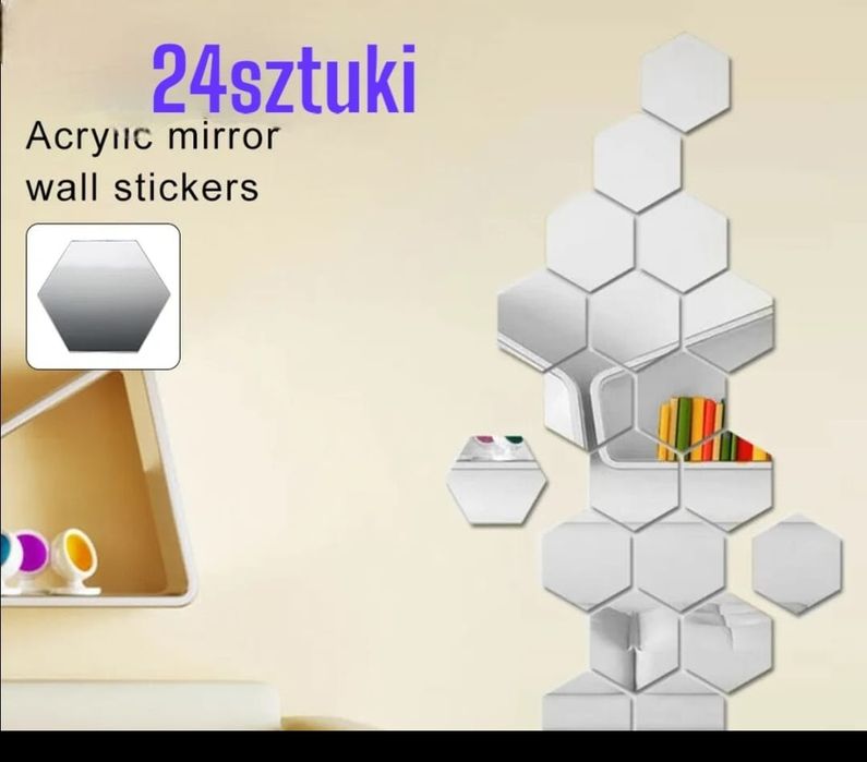 24szt naklejki lustrzane hexagon lustro przyklejane ozdoba dekoracja