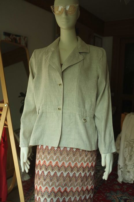 Ekskluzywny kremowy lniany żakiet boho etno ecru len 46