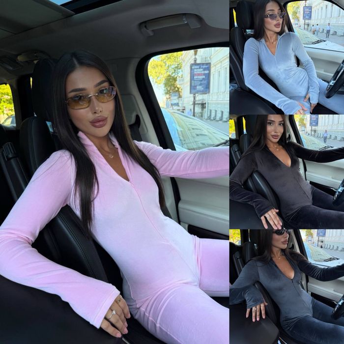 Трендовий велюровий комбінезон на блискавці з розрізами на рукавичках