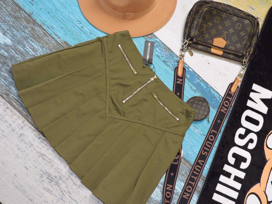 PrettyLittleThing Nowa spódniczka zakładki khaki zamki 36