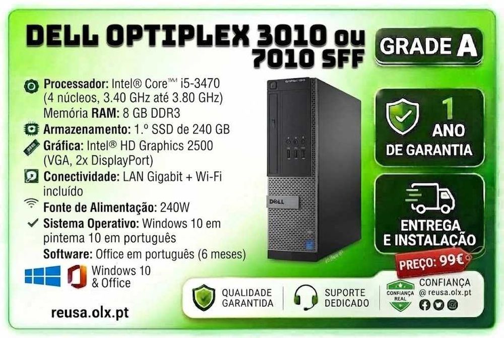 Desktop Dell OptiPlex 3010/7010 SFF 3ªGen. | i5-3470 | 8GB DDR3 | SSD 240GB | Wi-Fi | W10