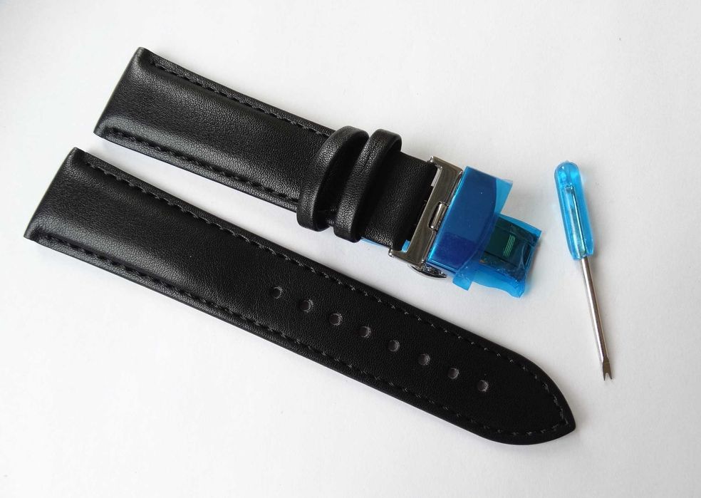 Pasek gładki skórzany czarny do zegarka 20mm 22mm zapięcie motylkowe
