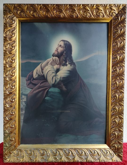 Jezus w Ogrójcu stary wielki oleodruk w pieknej zlotej ramie